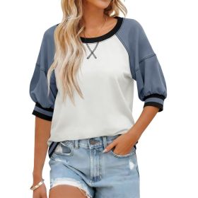 Fisoew Womens Crewneck Sweatshirt Ribbed Raglan Half Sleeve Pullover Tops Color Block Loose Fit Sweatshirts (Option: White-L)