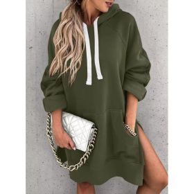 Women's Hooded Sweatshirt With Pockets Fashion Casual Split Mid-length Sweater Drawstring Tops (Option: Army Green-3XL)